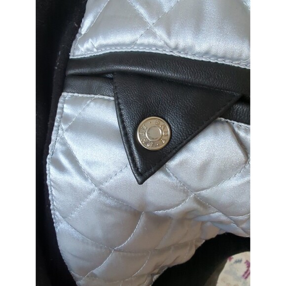 Baby Phat Sz L Vintage Y2k Bomber Jacket Hooded Spell Out Lamb Leather Sleeves - Picture 11 of 16